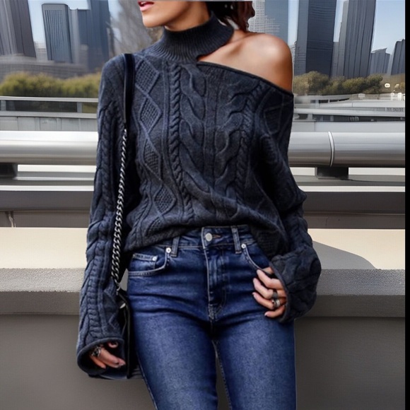 Sexy Choker Style Collar Off Shoulder Greyish Blue Knitted Sweater - Picture 3 of 5